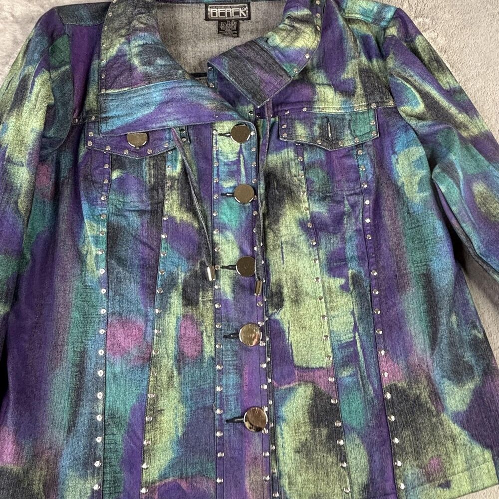 Berck Jacket Womens Medium Purple Green Studded Denim Tye Dye Silver Buttons - Picture 2 of 11